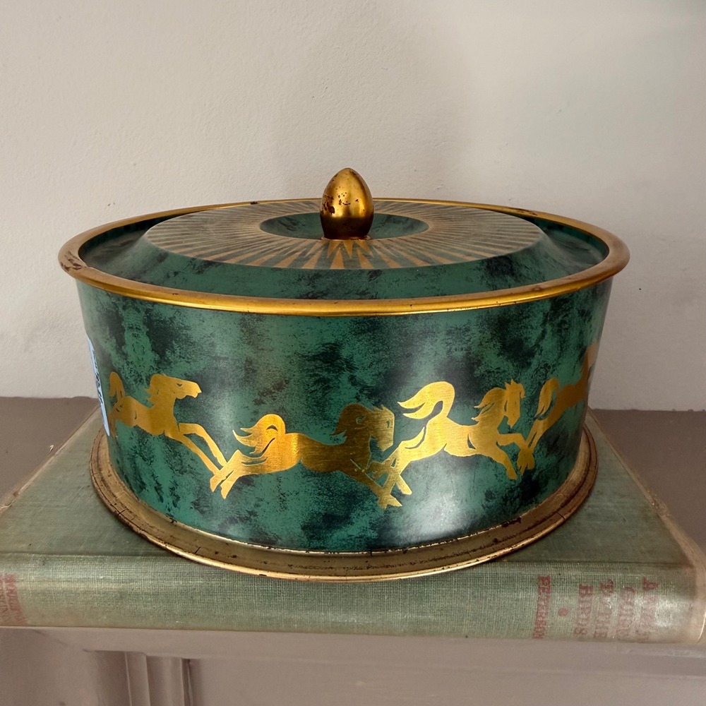Vintage West Germany Cookie Tin Green Gold Horse Pattern Equestrian Sunburst Lid